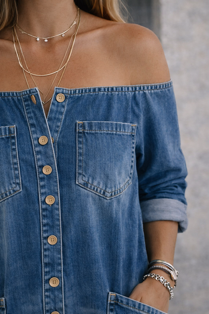 Alejandra™ Jumpsuit — denim with bare shoulders, casual and flattering