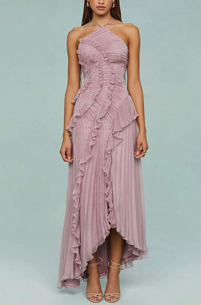 Vestido Éter™ — plisado lavanda con cuello halter para noches especiales