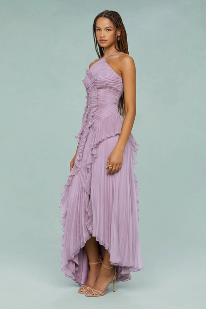 Vestido Éter™ — plisado lavanda con cuello halter para noches especiales